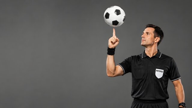 Soccer Ball Spinning on Referee Finger Symbolizing Authority and Match Control