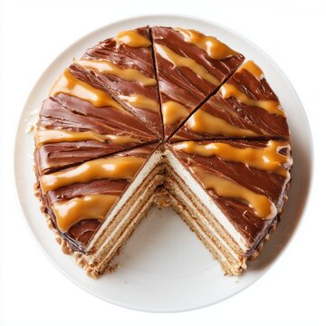 Dobos Torte layered sponge cake with chocolate buttercream isolated on a white background