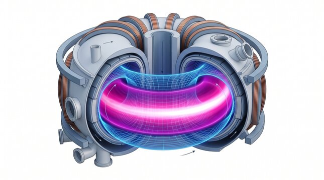 3D Physics Diagram of Magnetic Confinement of Plasma in a Tokamak Fusion Reactor