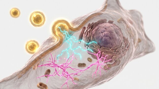 3D Microscopic Diagram of Exosomes Delivering microRNA to a Fibroblast Cell