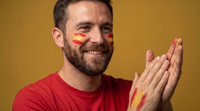 A happy man wearing a red t-shirt, with the Spanish flag painted on his cheeks and hands, claps to show support for his team against a yellow background.