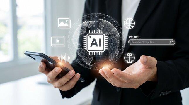 AI technology and global connectivity visualized with a digital globe and icons floating above a person holding a smartphone
