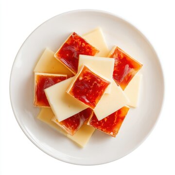 Dulce de membrillo cubes with cheese slices arranged isolated on a white background