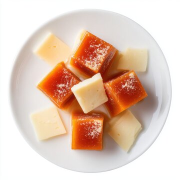 Dulce de membrillo cubes with cheese slices arranged isolated on a white background