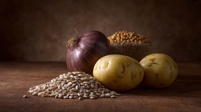 A still life of assorted raw ingredients including red onion, potatoes, wheat grains, and split peas, set against a rustic, dark brown backdrop