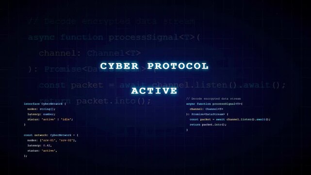 Digital Cyber Protocol Interface with Scrolling Computer Code and Active System Status on Dark Background