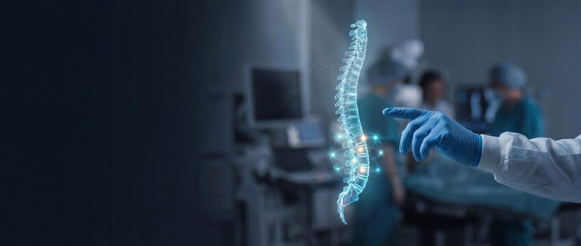Modern orthopedic diagnostics, Futuristic medical technology Doctor analyzing a 3D holographic glowing spine model in an operating room