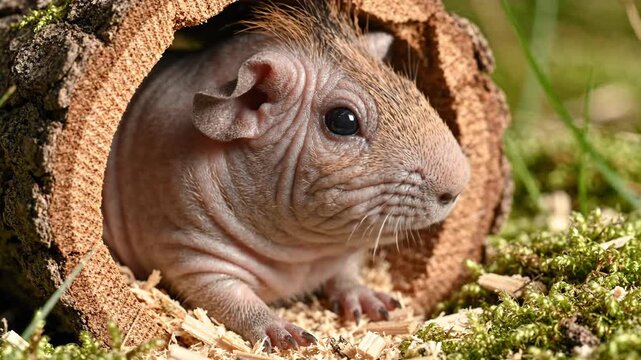 Hairless rodent closeup in log shelter, small mammal portrait peeking from wood tunnel on mossy ground