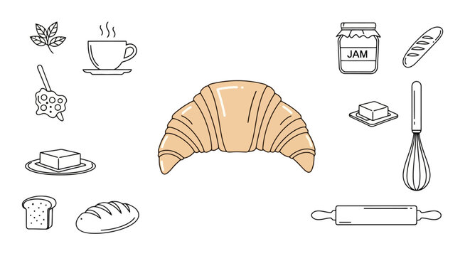 Set of bakery and pastry icons featuring cookies cakes and kitchen utensils.