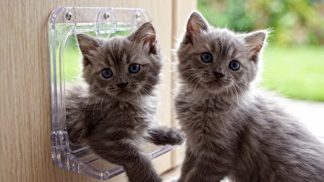 Fluffy gray kitten and cat pair with blue eye near window mirror reflection in cozy indoor home, playful cute pet closeup
