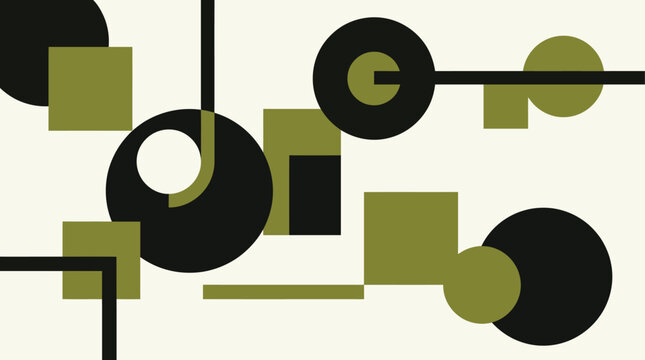 Abstract geometric background with black and olive green shapes in a constructivist inspired minimalist composition on an off-white canvas
