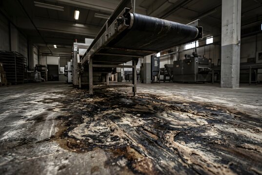 Wide-angle shot of collapsed wooden pallet and scattered products in supermarket backroom