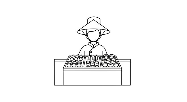 Asian street food vendor in conical hat selling dim sum and skewers from a cart
