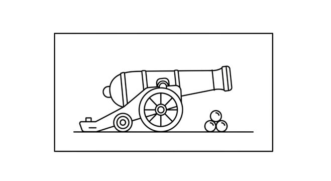 Vintage Cannon with Cannonballs, Historical Warfare Weapon Illustration