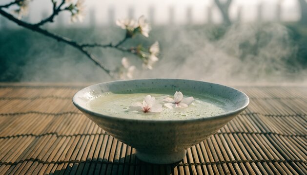 Matcha latte in a ceramic bowl misty green cherry blossom petals floating on surface