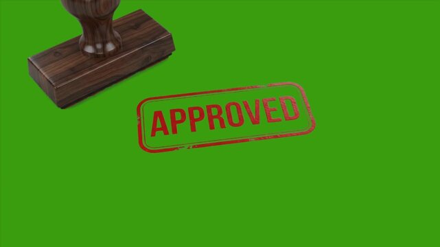 Wooden Rubber Stamp Pressing Red Approved Text on Green Screen, Alpha Channel, and White Background &ndash; 3D Animation