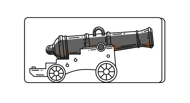 Vintage Cannon on Wheels, Historical Weapon Illustration, Old Artillery Piece