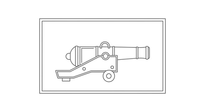Vintage Cannon Outline Drawing on White Background