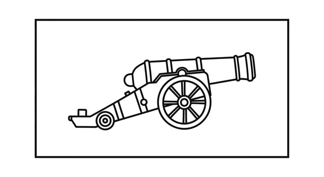 Vintage Cannon Outline Drawing, Historical Artillery Weapon on Wheels, Military Equipment