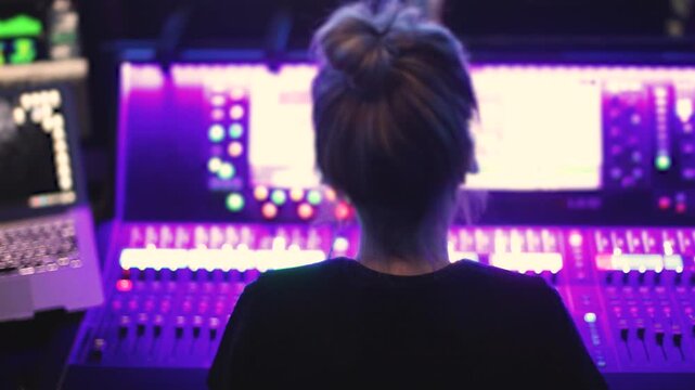 Lighting engineer operator working on mixing console workplace during live event concert on stage show broadcast, light mixer controller panel, sound technician workplace with professional equipment