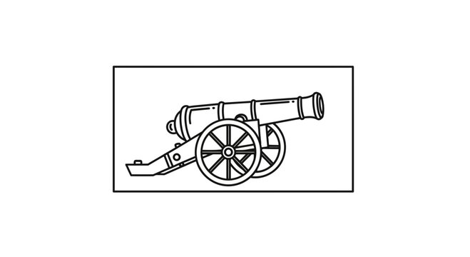 Vintage Cannon Outline Drawing, Historical Artillery Weapon on Wheels