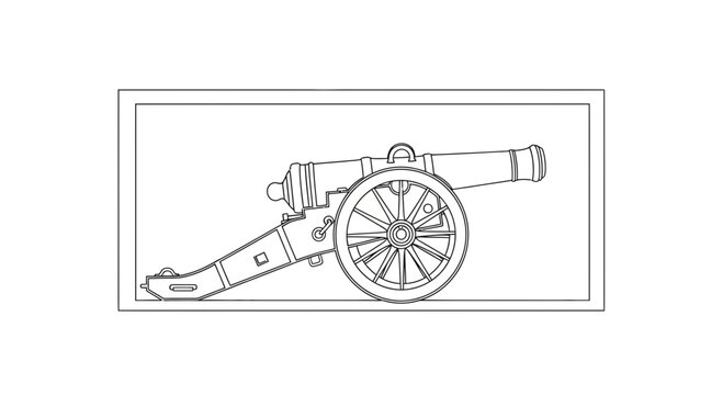 Vintage Cannon Outline Drawing, Historical Artillery Weapon on Wheels, Military Equipment