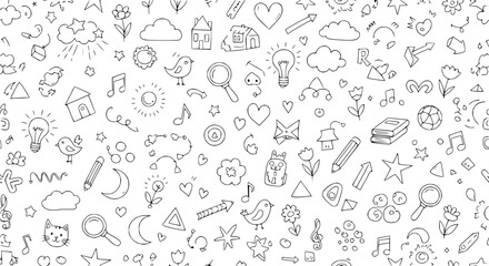 Hand drawn doodle seamless pattern with various charming sketch elements on a white background © Tombo
