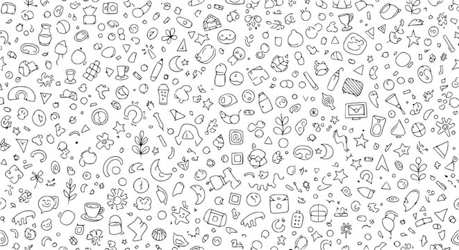 Hand-Drawn Doodle Pattern Background with Various Everyday Objects and Abstract Shapes