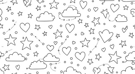 Fototapeta premium whimsical doodle pattern with hearts stars and clouds