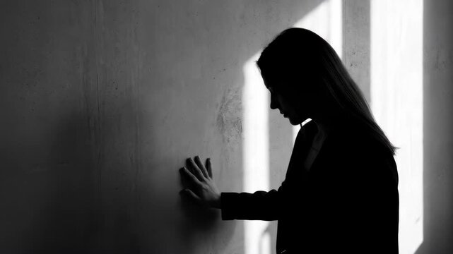 Silhouette woman touching wall near window in dark room with dramatic light, shadow, reflective mood