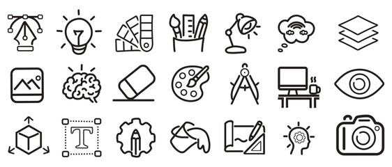 Fototapeta premium Art, creativity and graphic design related editable stroke outline icons set isolated on white background flat vector illustration. Pixel perfect. 64 x 64.