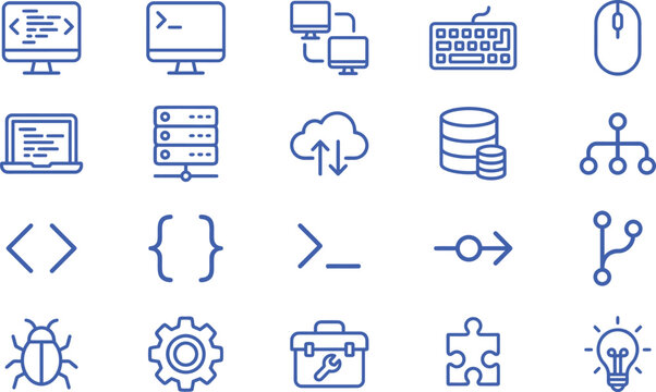 A collection of blue vector icons representing software development and modern information technology computing concepts