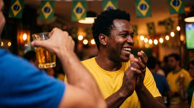 A joyous Brazilian fan wearing a yellow jersey laughs and claps while watching a soccer match in a festive bar decorated with Brazilian flags.