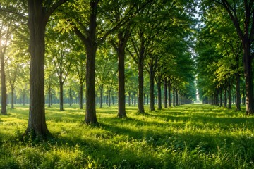 Fototapeta premium Mature Trees and Healthy Meadow Demonstrate Successful Afforestation and Ecosystem Restoration Efforts