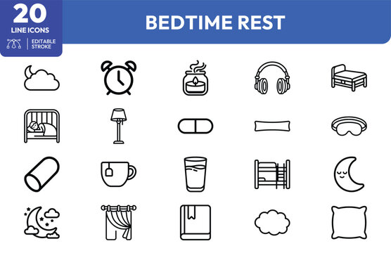 Restful Nights Line Icons Featuring Sleep Symbols.