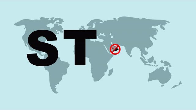 Warning design for halting hantavirus spread globally with a bold black and red map graphic featuring a stop rat symbol. Suitable for social media graphics focused on hantavirus prevention.