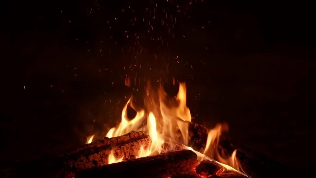 Glowing fire flames over burning log and ember in dark night with sparks, warm light, smoke, and firewood background