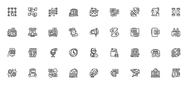 Communications icon set. Vector icon pack. Minimalist line icons. Includes symbols for network, connection, internet, email, chat, phone call, meeting, blog, video chat, customer service and more. Edi