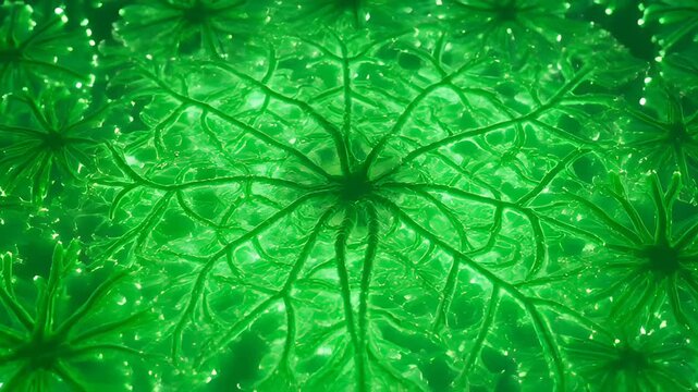 Glowing Green Abstract Luminous Branch Pattern on Dark Background, Light Bloom Digital Art, Close Up Cell Structure