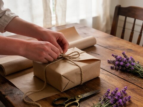 Person wrapping eco friendly gift package with twine and lavender ideal for sustainable branding retail packaging and handmade craft business