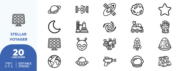 Astronomy Line Icons Featuring Celestial Symbols. © khopidd232