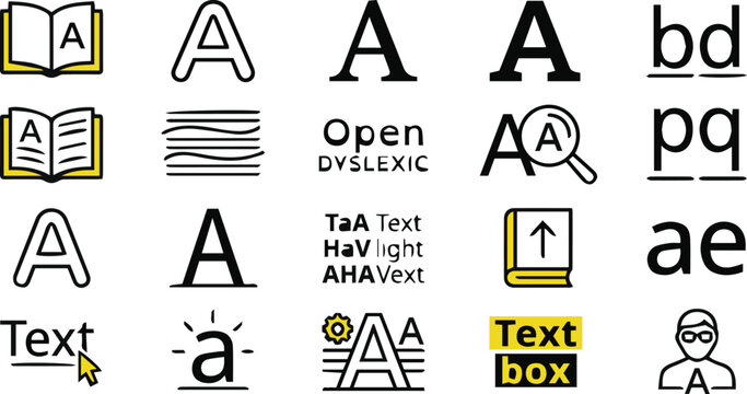 Set of Minimalist Line Art Icons for Dyslexia Font Options and Accessibility in Reading