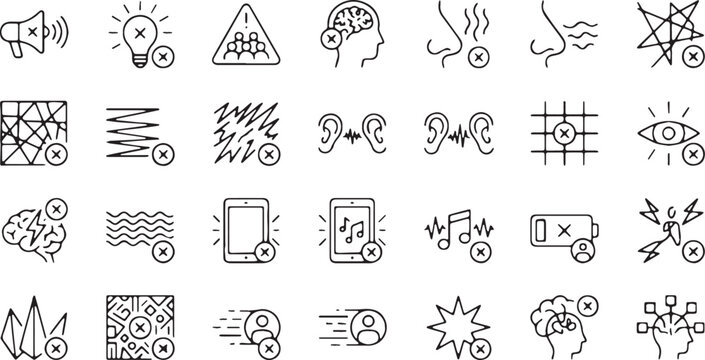 Minimalist Monoline Vector Icons Set for Sensory Processing Disorder Awareness and Sensory Overload Triggers