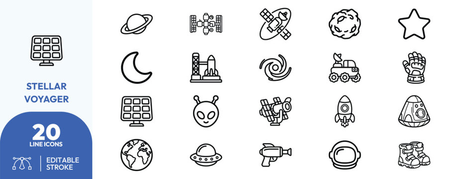 Astronomy Line Icons Featuring Celestial Symbols.