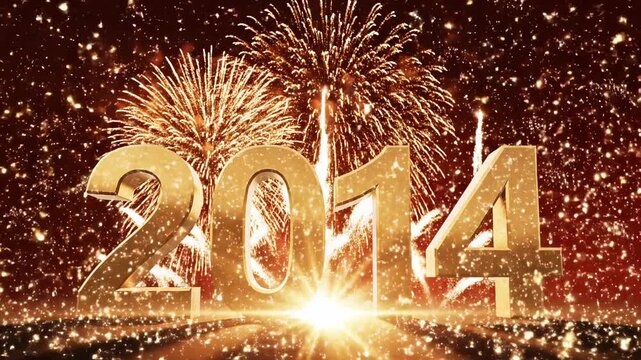 Golden 2014 New Year Celebration with Fireworks and Glowing Light on Red Background ideal for retrospective videos and anniversary events.