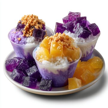 mini cups with shaved ice jelly cubes  isolated on a white background