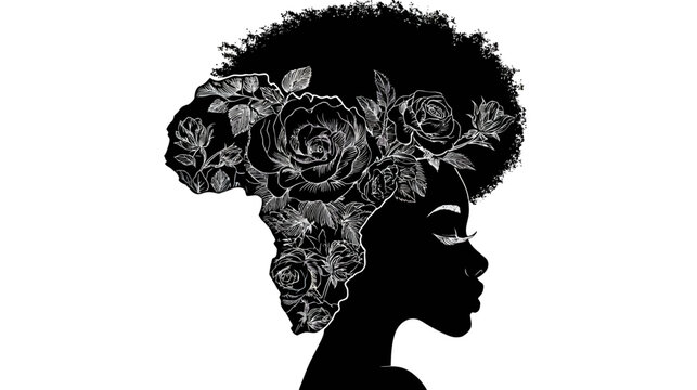 African map silhouette with floral afro woman profile.