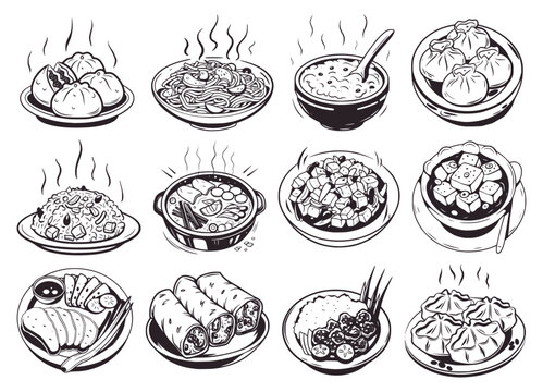 Vintage Asian cuisine food icon set. Hand-drawn retro vector illustrations of dim sum, noodles, soup, hot pot, fried rice, and spring rolls