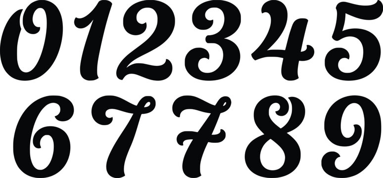 Set of numbers 0 to 9 in a stylish cursive font on a transparent background.