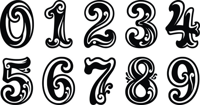 Ornate numbers 0 to 9 in a decorative artistic style on transparent background.